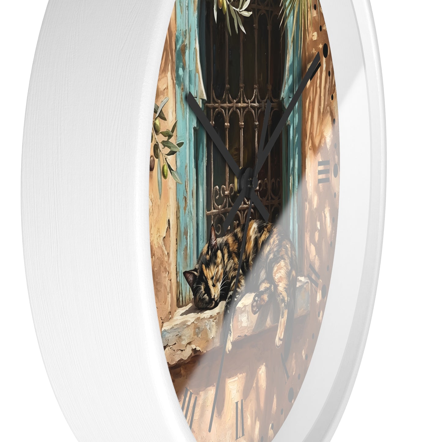 Mediterranean Torte Cat Wall Clock — Sleeping Calico Tabby Window Scene