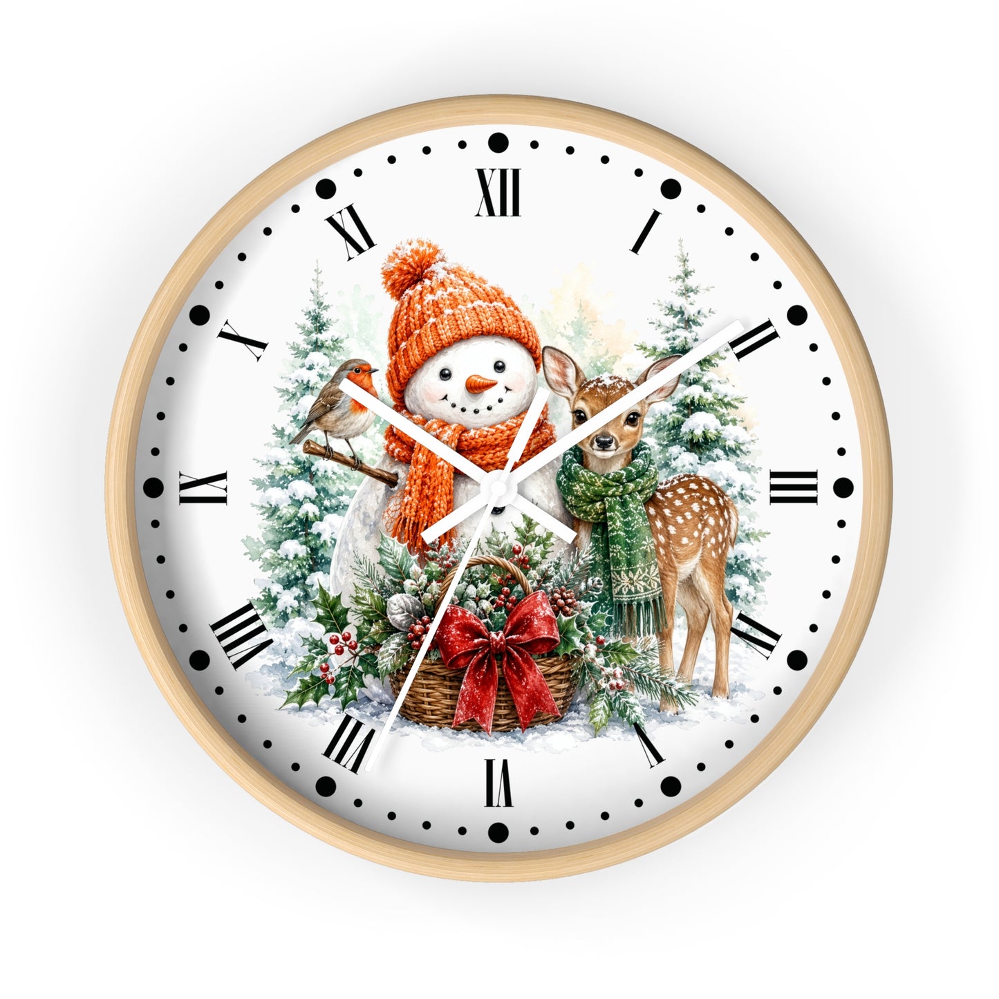 Snowman & Fawn Holiday Wall Clock — Festive Winter Deer Decor