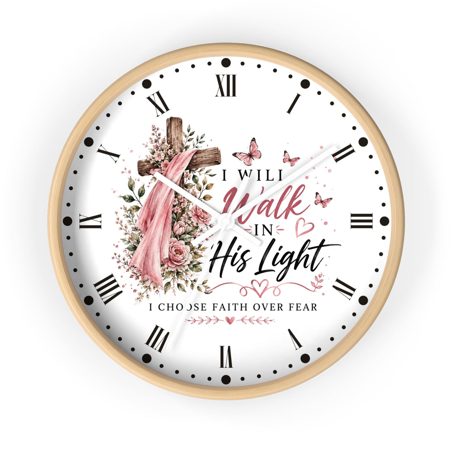 I Will Walk in His Light Wall Clock — Floral Cross Christian Cancer Awareness Gift