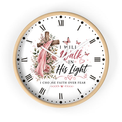 I Will Walk in His Light Wall Clock — Floral Cross Christian Cancer Awareness Gift