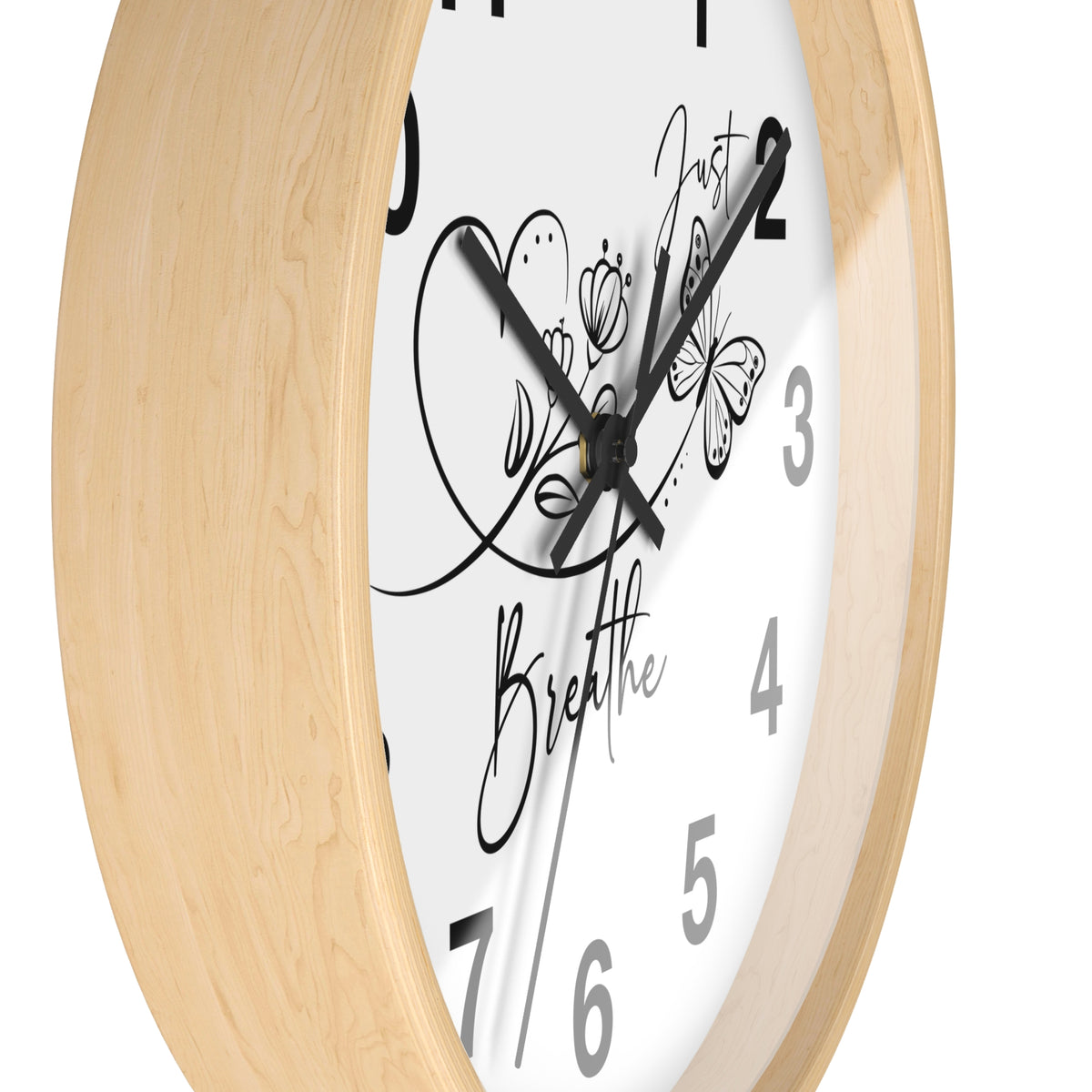 Motivational Wall Clock — "Just Breathe" Minimalist Floral Butterfly Clock
