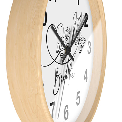 Motivational Wall Clock — "Just Breathe" Minimalist Floral Butterfly Clock