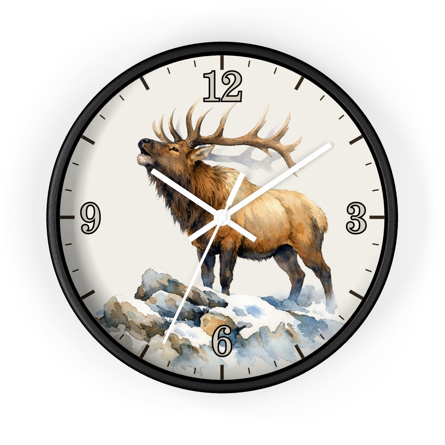 Elk Winter Wall Clock — Rustic Watercolor Mountain Lodge Decor