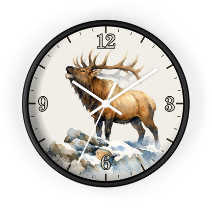 Elk Winter Wall Clock — Rustic Watercolor Mountain Lodge Decor