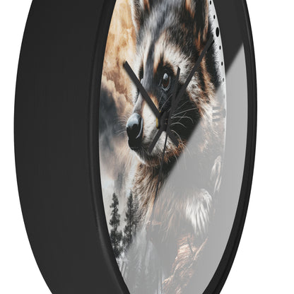 Round wall clock with a black frame and a printed raccoon face design on the face, shown against a plain white background.