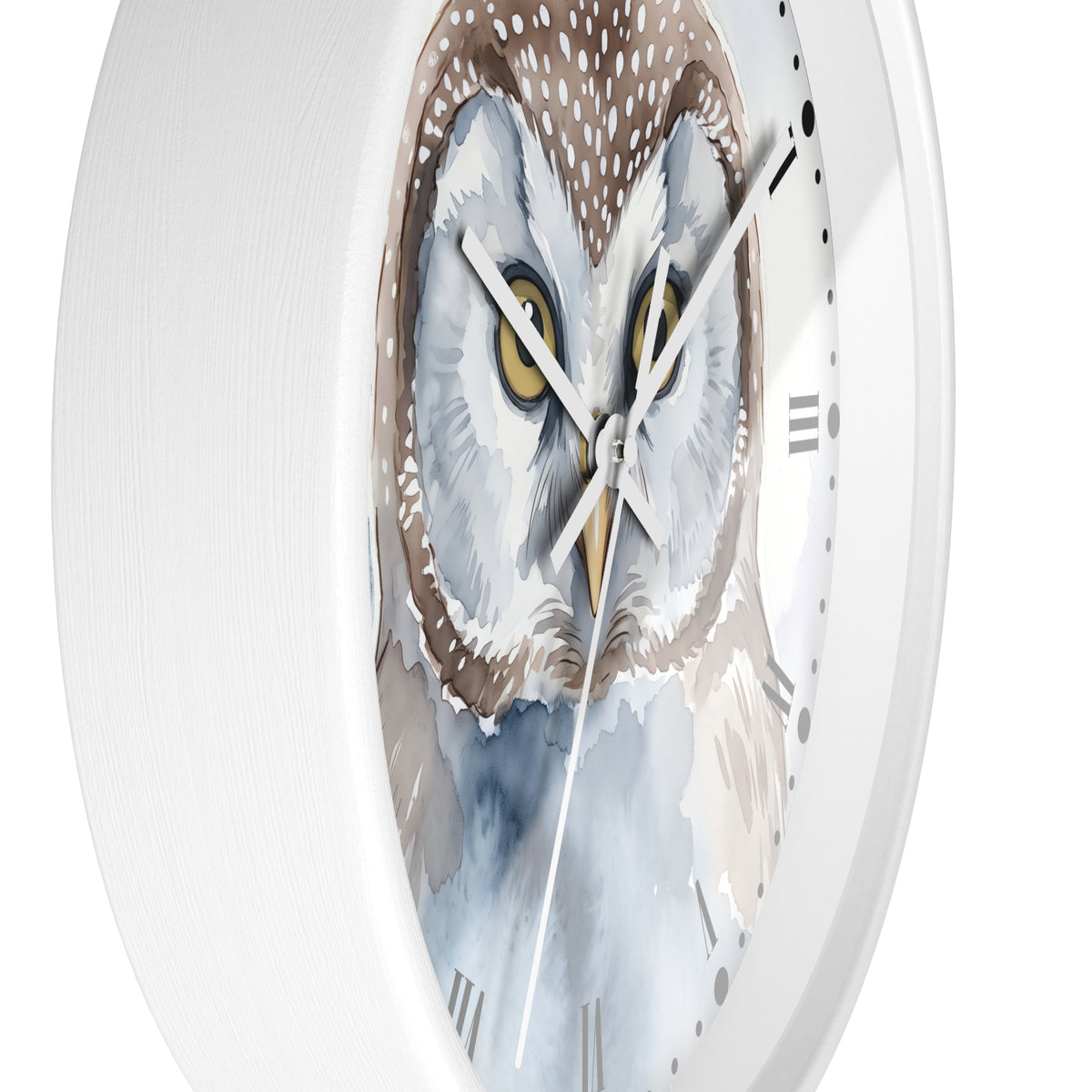 A white round wall clock featuring a detailed watercolor illustration of an owl face on the dial, with white hands and black Roman numerals.