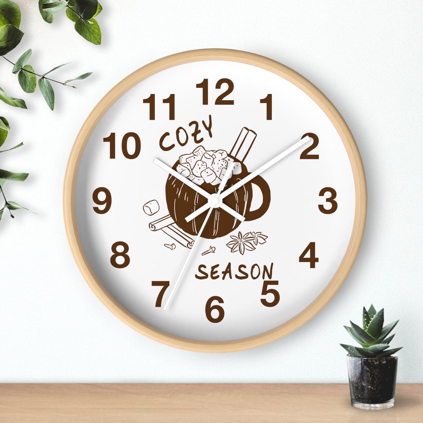 Cozy Season Pumpkin Hot Cocoa Wall Clock | Hand Drawn Fall Autumn Kitchen Decor