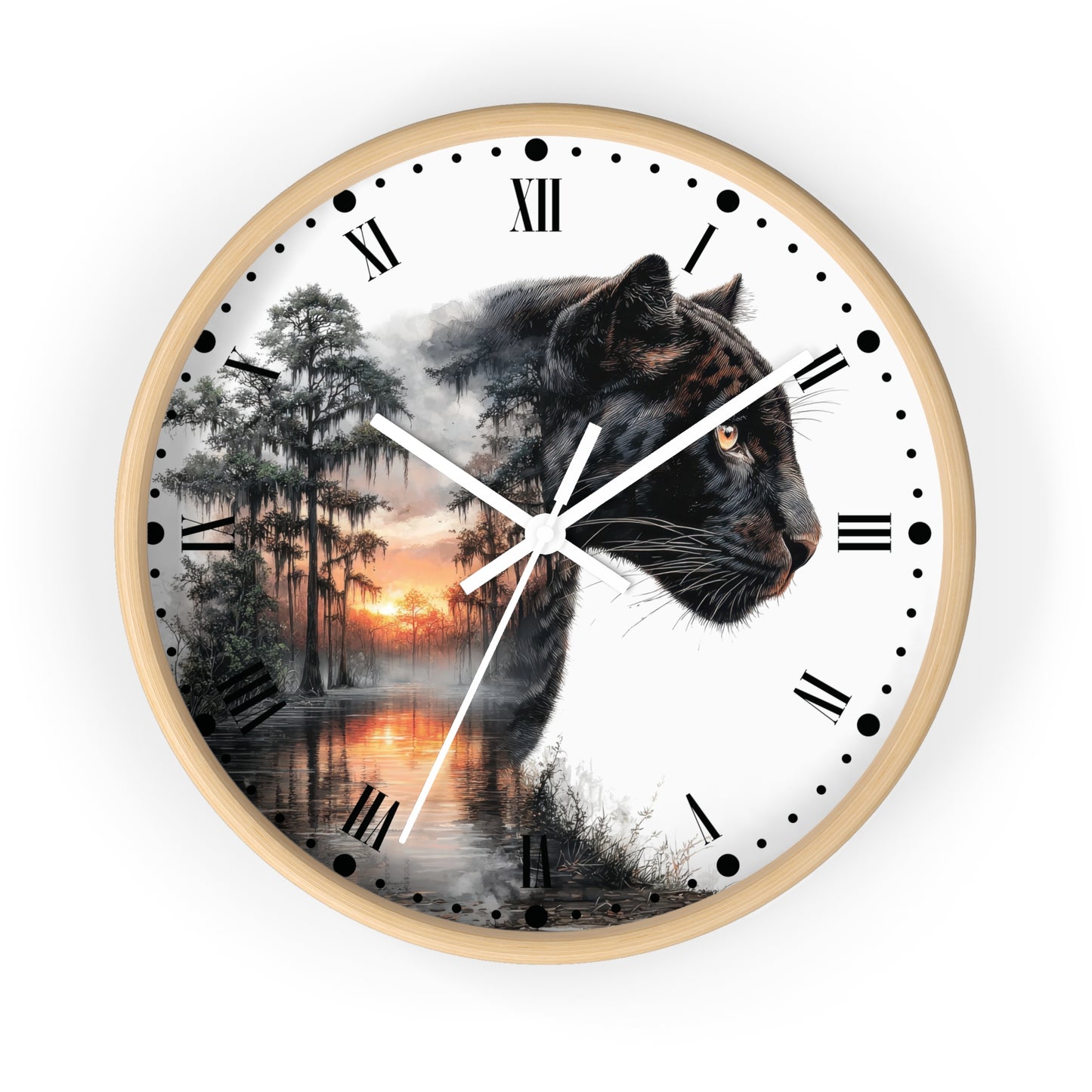A round wall clock with a light wood frame and a white face featuring a split design: a black panther on one side and a misty forest sunset on the other. The clock has black Roman numerals, black dot hour markers, white hands, and is shown against a plain white background.