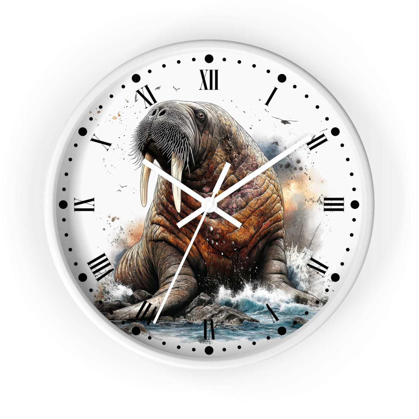A round wall clock with a white face featuring a detailed illustration of a walrus sitting on rocks in the water, with Roman numerals and white clock hands.