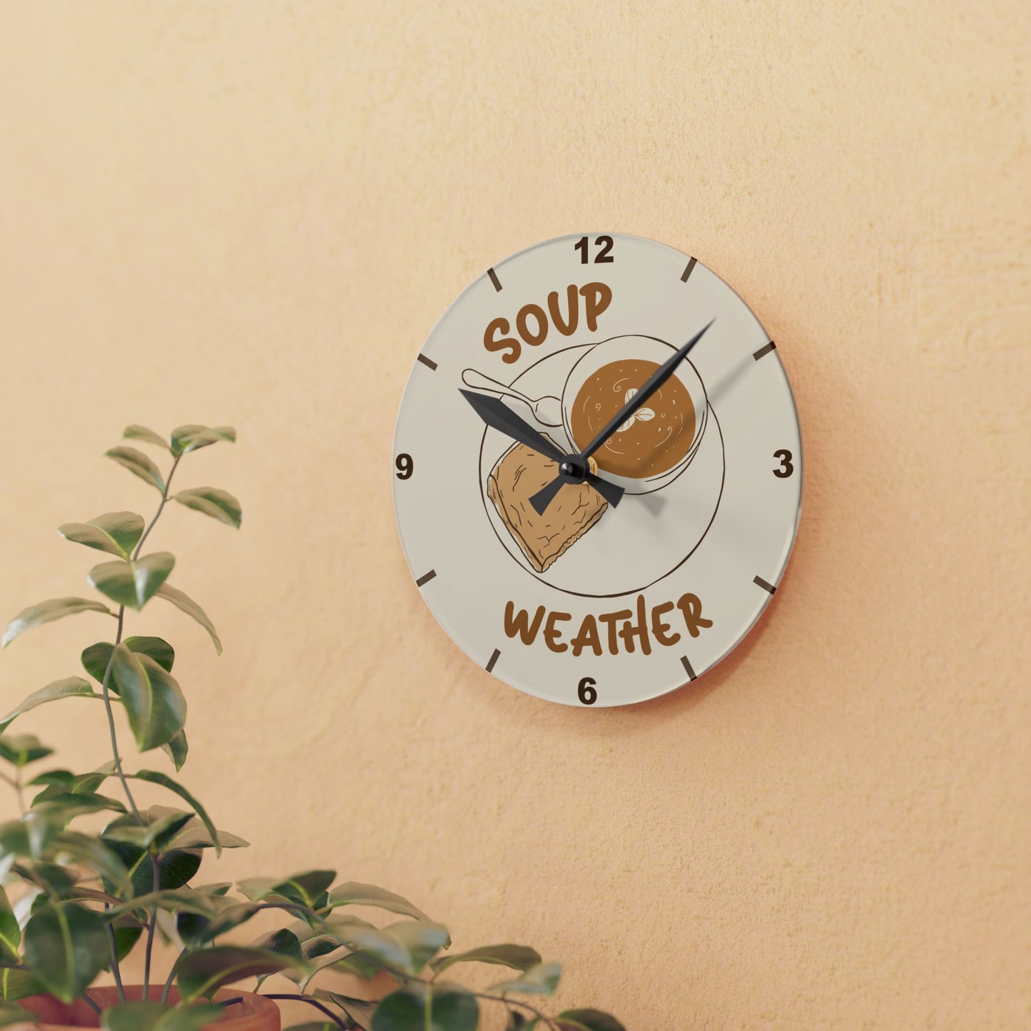 Soup Weather Acrylic Wall Clock — Cozy Kitchen Clock with Soup & Bread Illustration