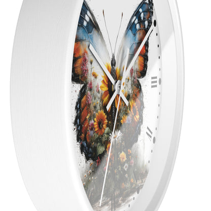 A white round wall clock with a large butterfly and floral artwork printed on the face, shown against a plain white background.