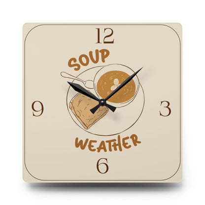 Soup Weather Acrylic Wall Clock — Cozy Kitchen Clock with Soup & Bread Illustration