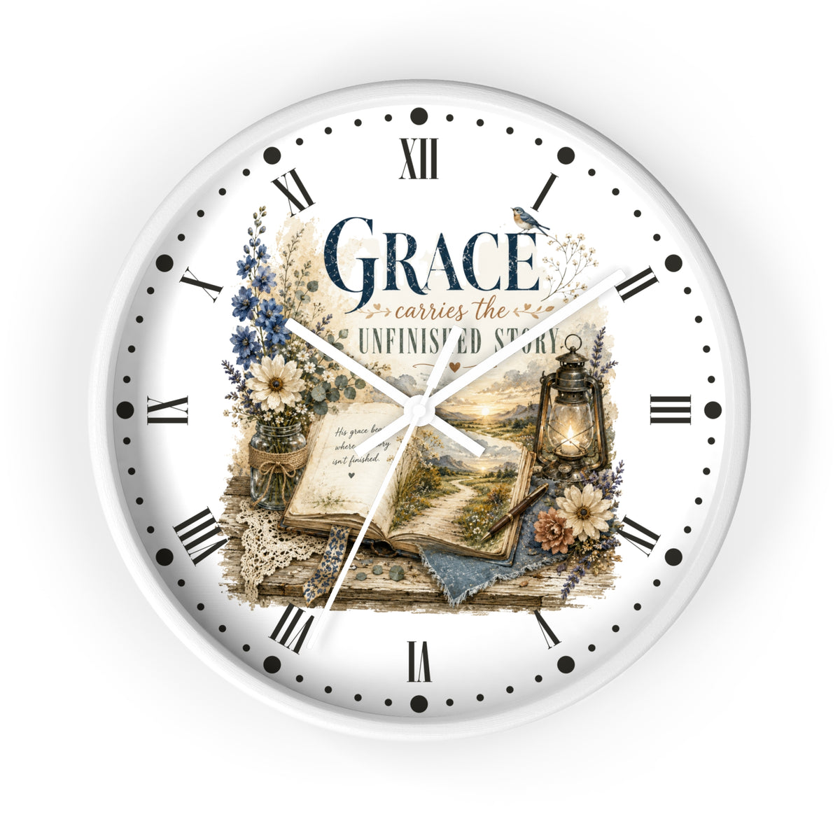 Grace Carries the Unfinished Story Wall Clock — Inspirational Rustic Farmhouse Decor
