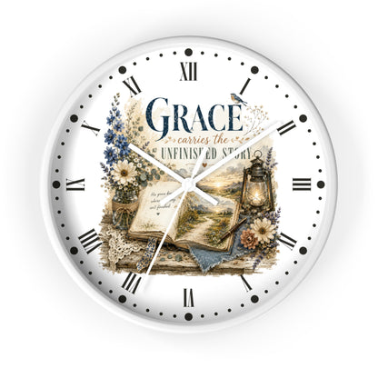 Grace Carries the Unfinished Story Wall Clock — Inspirational Rustic Farmhouse Decor