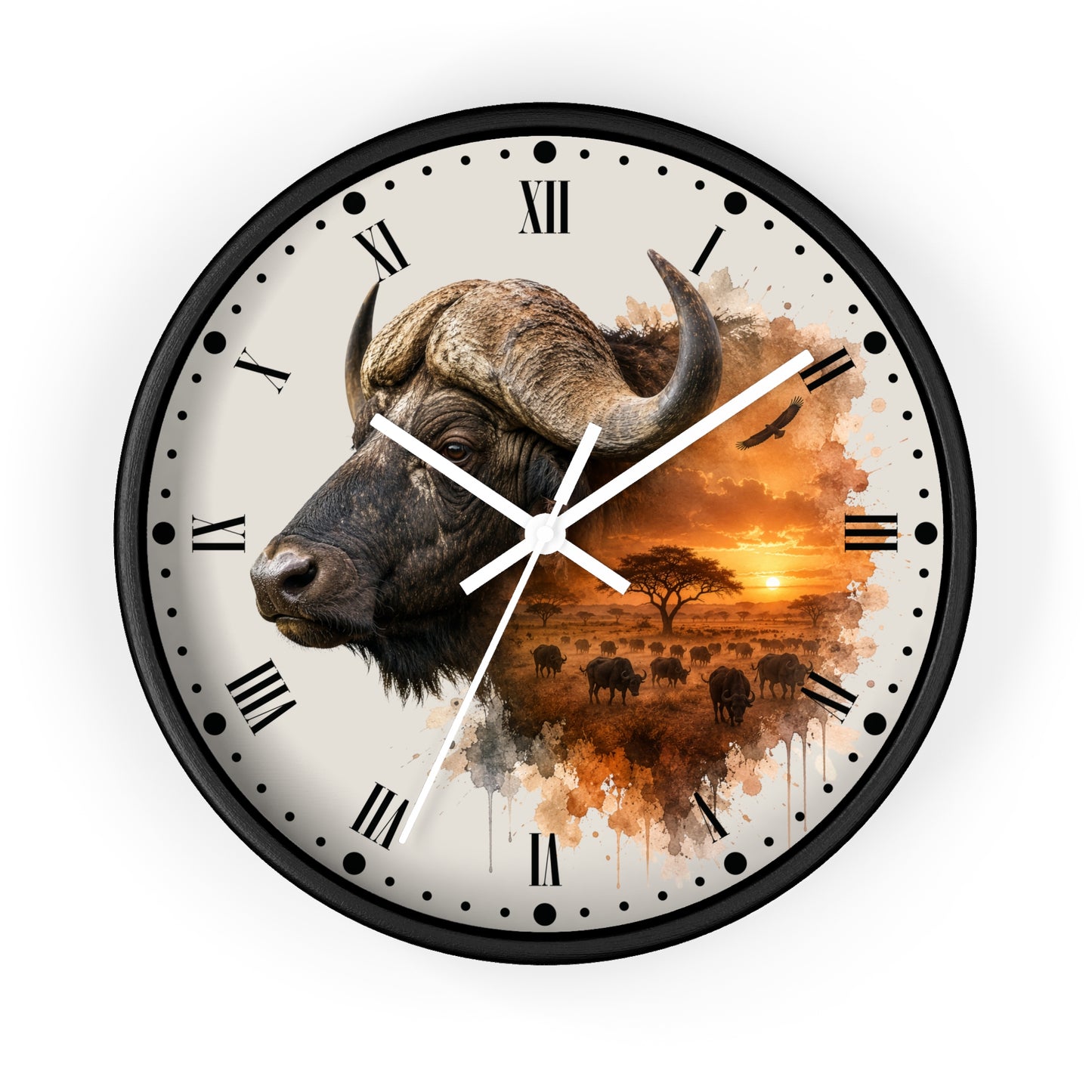A round wall clock with a black frame and a safari-themed watercolor design. The clock face features a close-up of a buffalo on the left and a sunset savanna scene on the right, with Roman numerals and black dot hour markers.