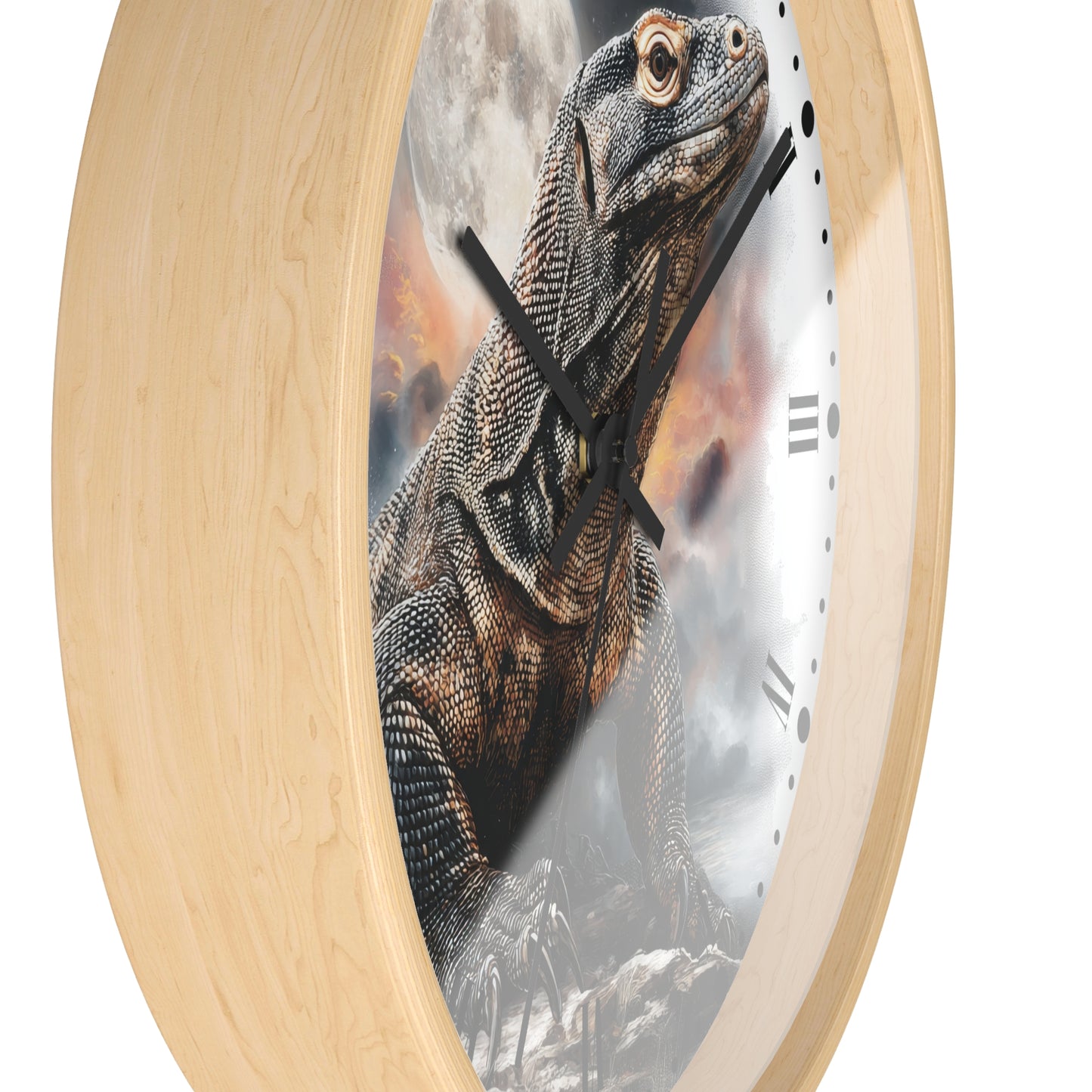 A round wall clock with a light natural wood frame and a printed Komodo dragon face on the clock face, shown against a plain white background.