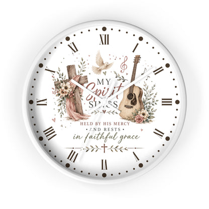 My Spirit Sings Religious Wall Clock — Faith-Inspired Guitar & Cross Home Decor