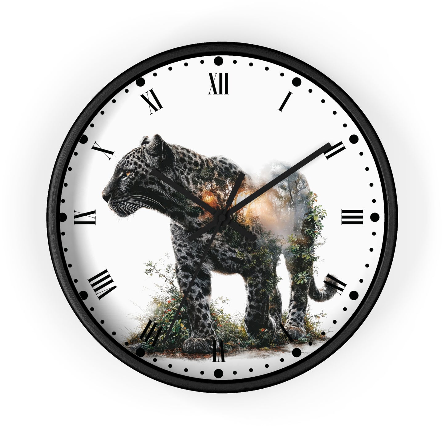Round wall clock with a black frame and Roman numerals, featuring a photographic print of a leopard with a glowing orange light on its back over a white dial.