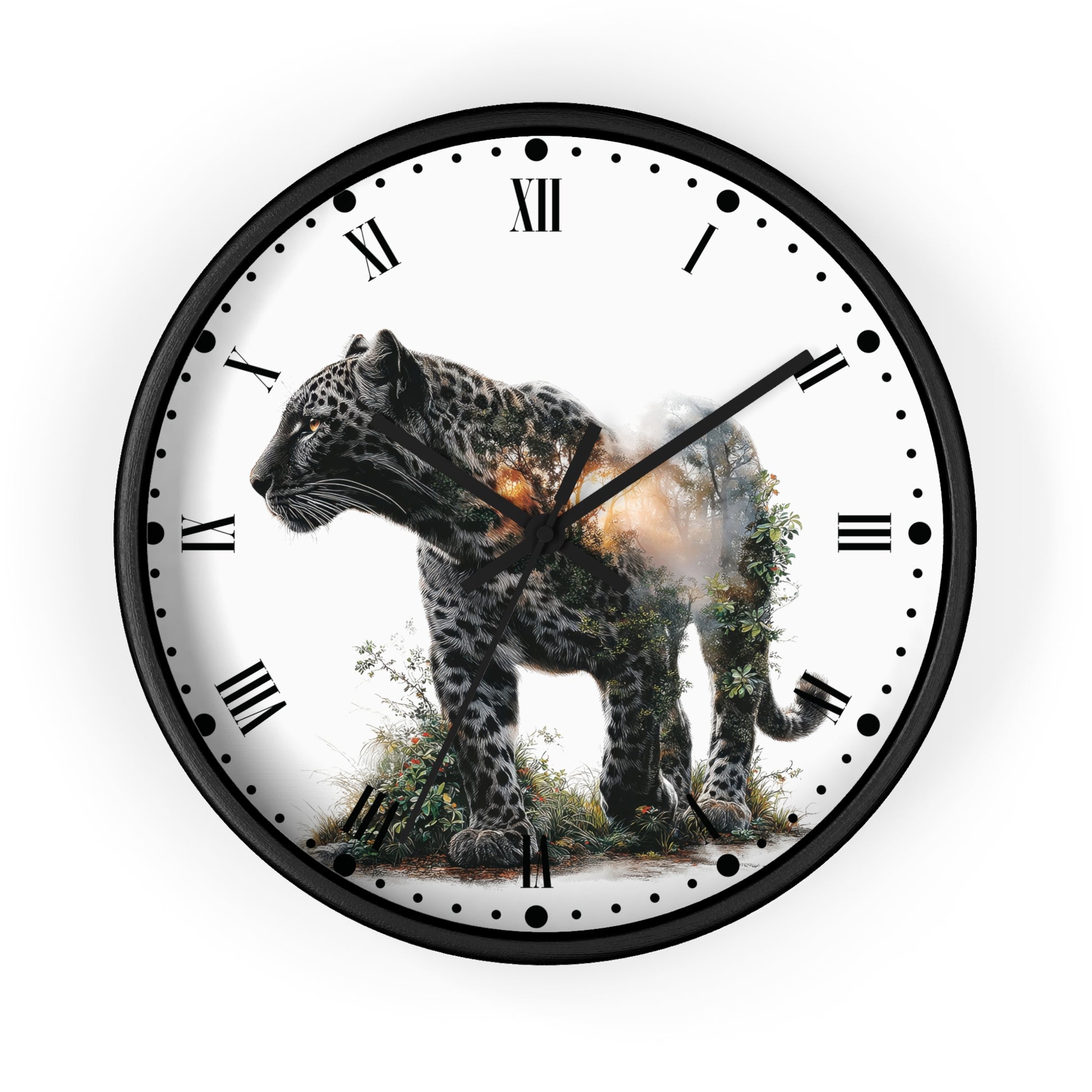 Round wall clock with a black frame and Roman numerals, featuring a photographic print of a leopard with a glowing orange light on its back over a white dial.