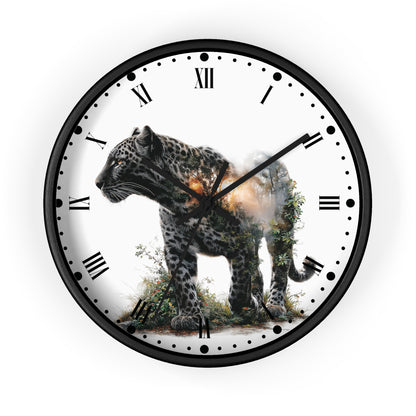 Round wall clock with a black frame and Roman numerals, featuring a photographic print of a leopard with a glowing orange light on its back over a white dial.