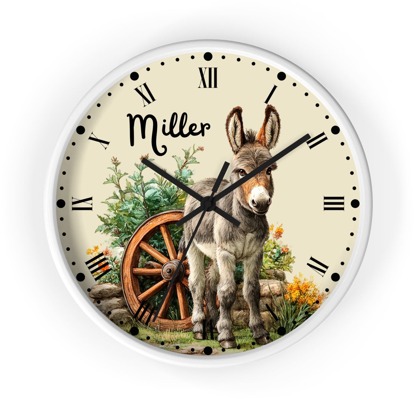A round wall clock with a white frame and a western-themed illustration featuring a donkey, a wagon wheel, flowers, and the name 'Miller' in script on the clock face.