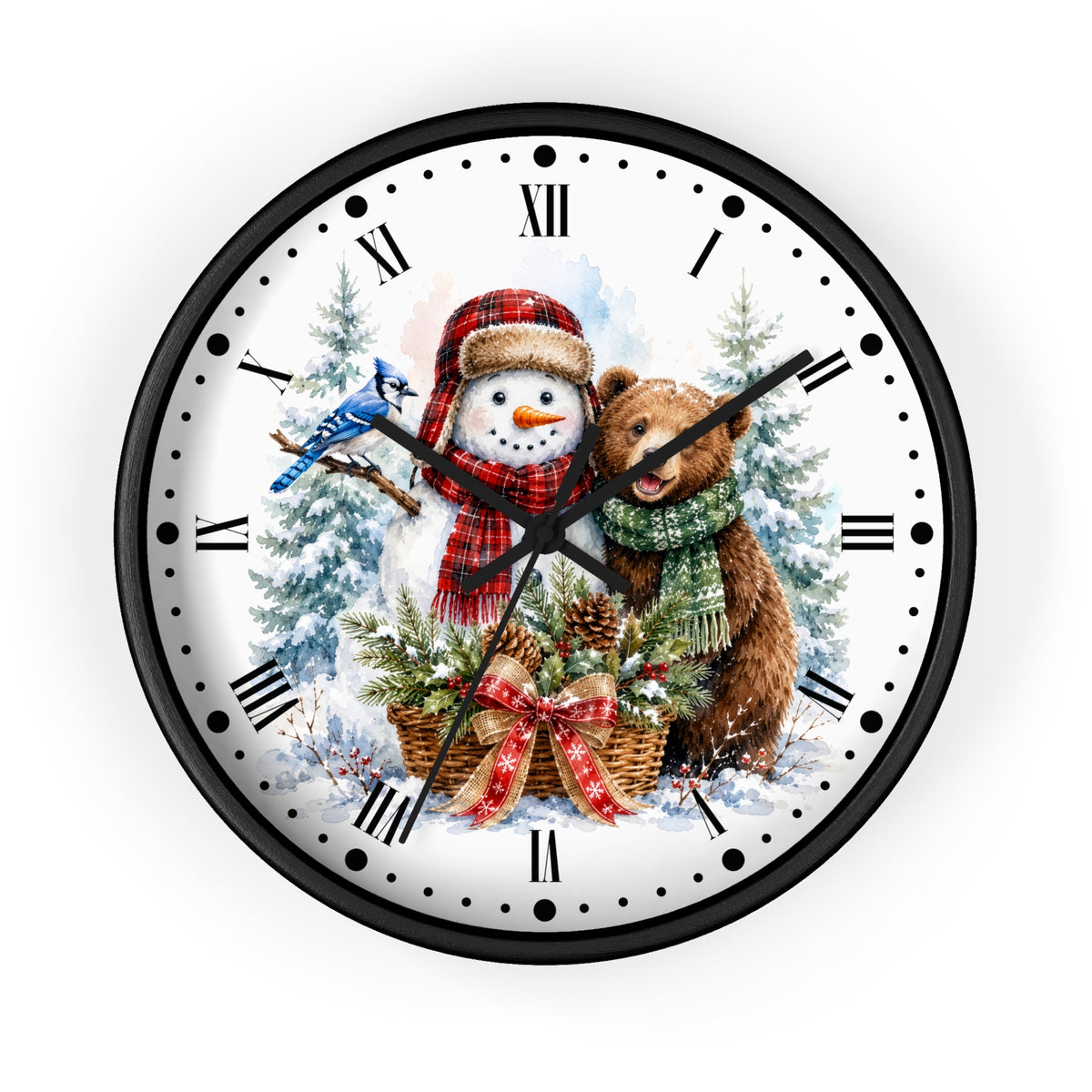 A round wall clock with a black frame and a white face featuring a winter holiday illustration of a snowman, a bear, blue jay, and evergreen trees. The clock uses Roman numerals for hour markers and has black hands.