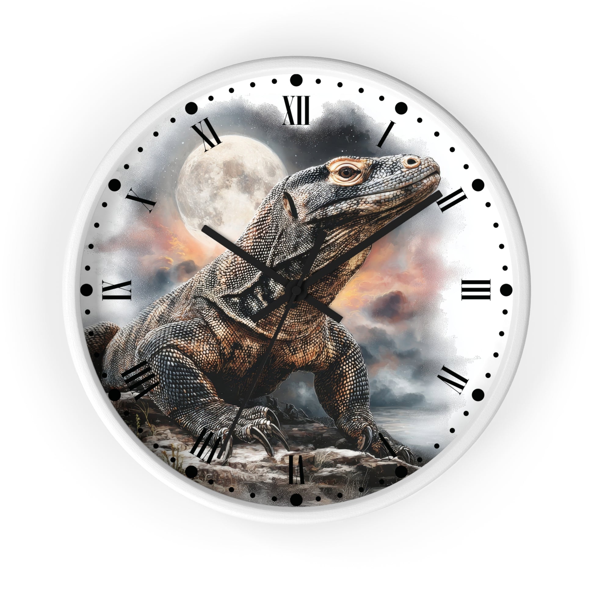 Round wall clock with a white frame and a printed dinosaur design on the face, featuring black Roman numerals, black hour and minute hands, and a white background around the artwork.