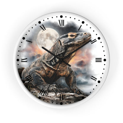 Round wall clock with a white frame and a printed dinosaur design on the face, featuring black Roman numerals, black hour and minute hands, and a white background around the artwork.