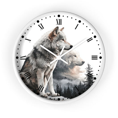 A round wall clock with a white face and white frame, featuring a printed design of two wolves over a misty forest landscape. The clock uses black Roman numerals and black dot hour markers instead of standard numbers, with white hands.