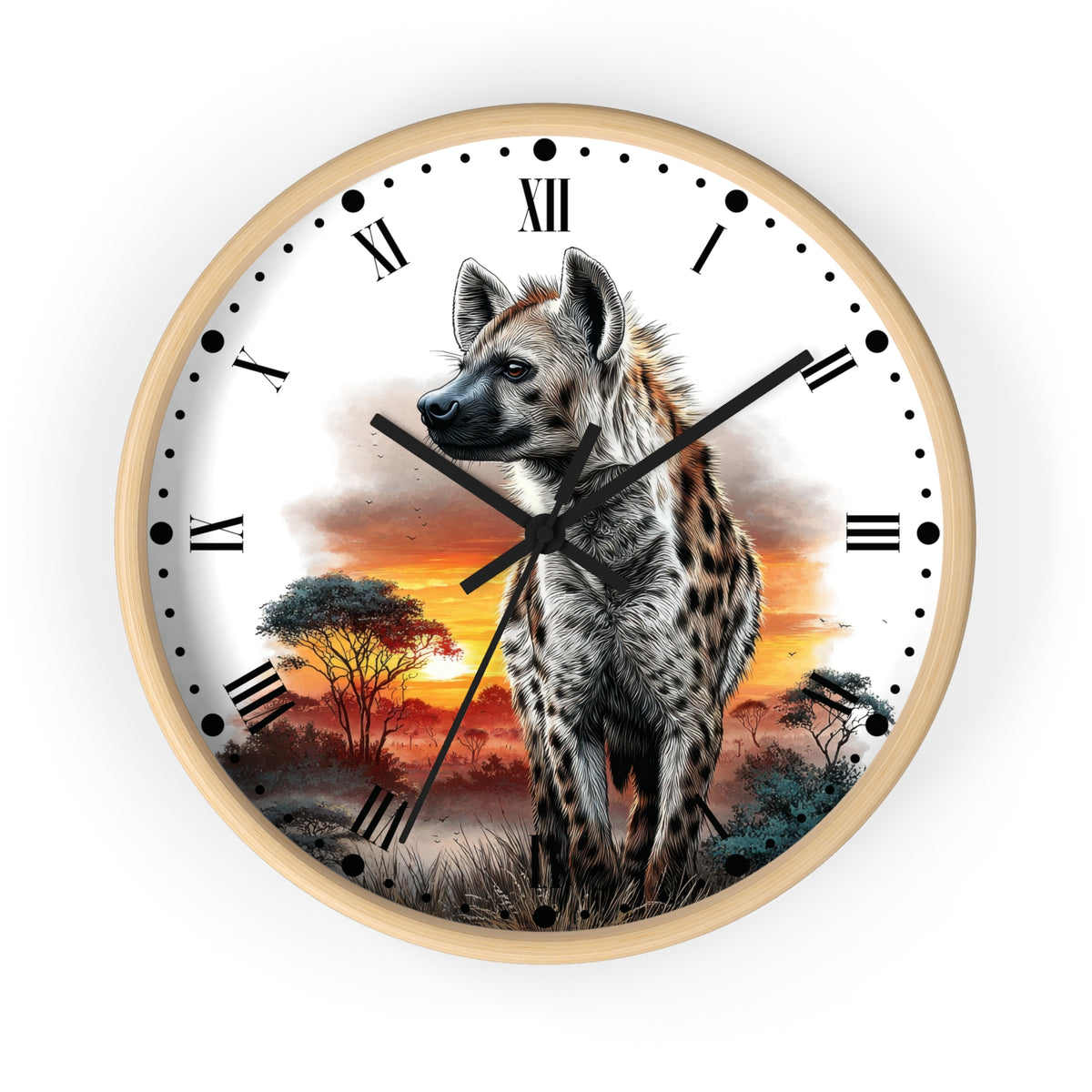 Round wall clock with a light wood frame and a printed design of a spotted hyena standing in a savanna landscape at sunset, with black Roman numerals and hands on a white face.