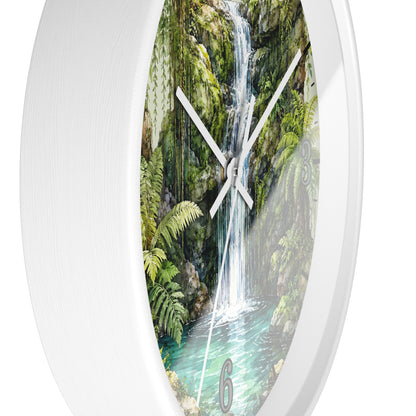 Round wall clock with a white frame and a printed tropical waterfall scene on the face, shown against a plain white background.