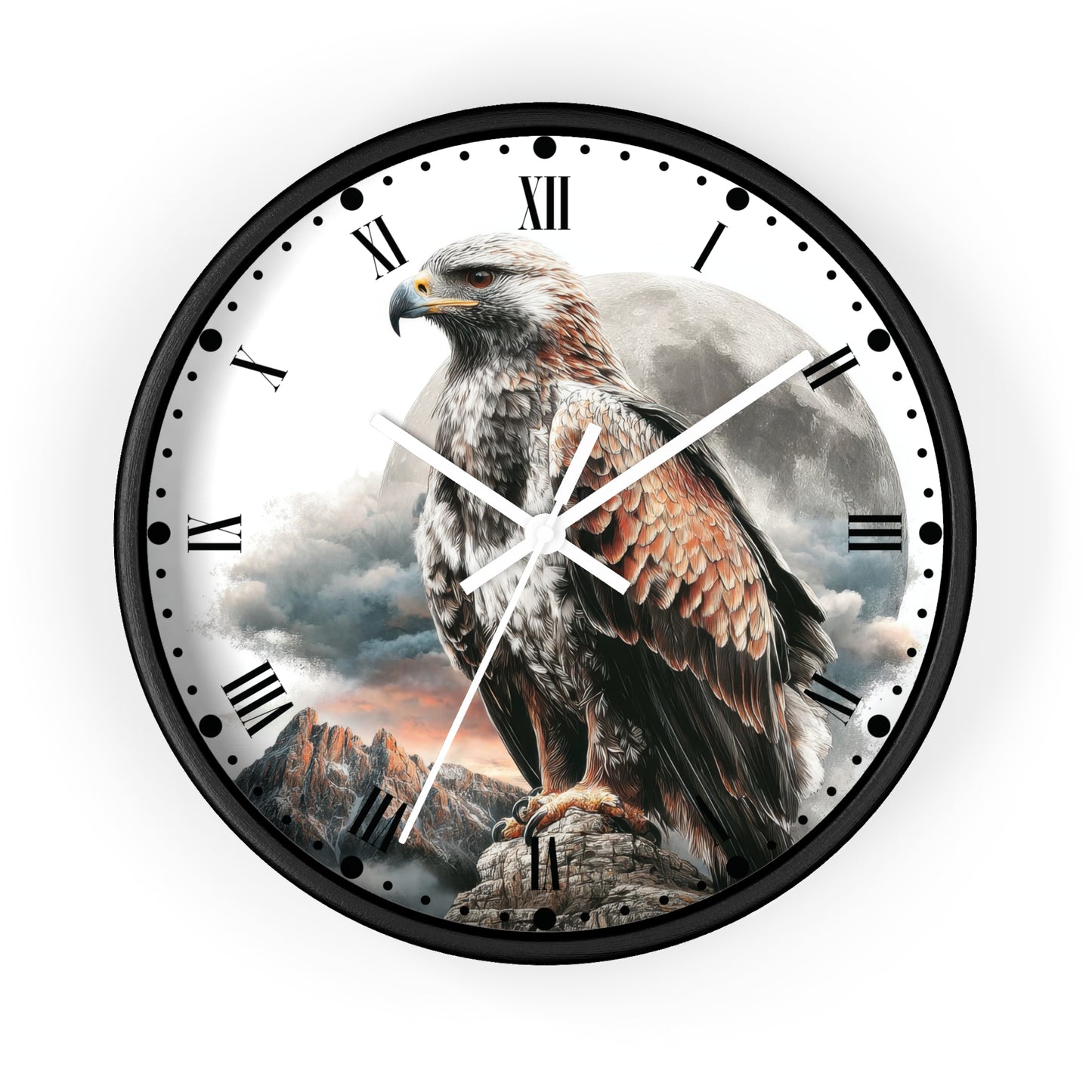 A round wall clock with a black frame and Roman numerals, featuring a detailed print of a golden eagle perched on a rocky cliff against a cloudy sky on the clock face.