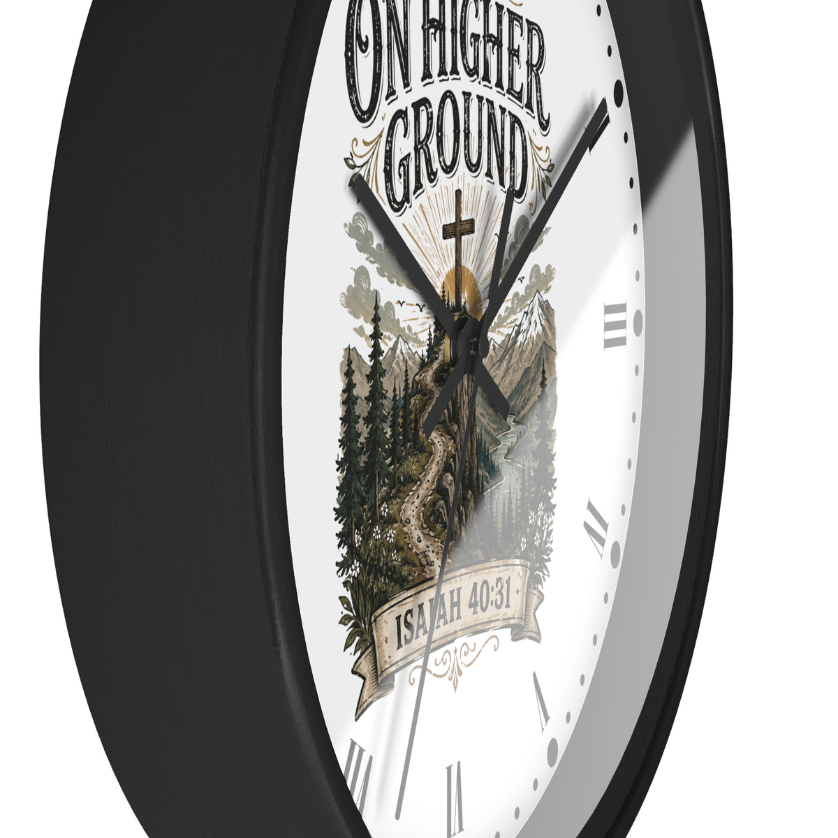 A close-up of a round wall clock with a black frame and a white dial featuring a scenic mountain-and-tree illustration, Roman numerals, and the text 'ON HIGHER GROUND' and 'ISRAEL 40:31'.