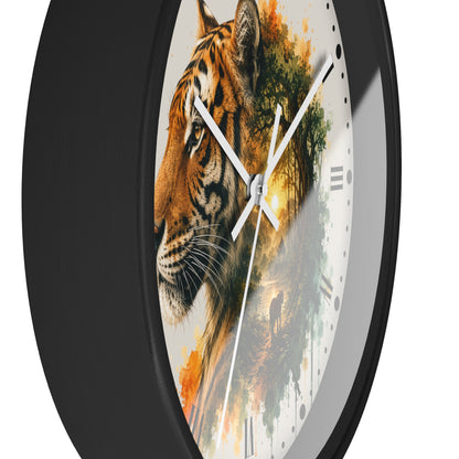 A round wall clock with a black frame and a white dial featuring a painted tiger and forest scene. The clock is shown at an angle against a plain white background.