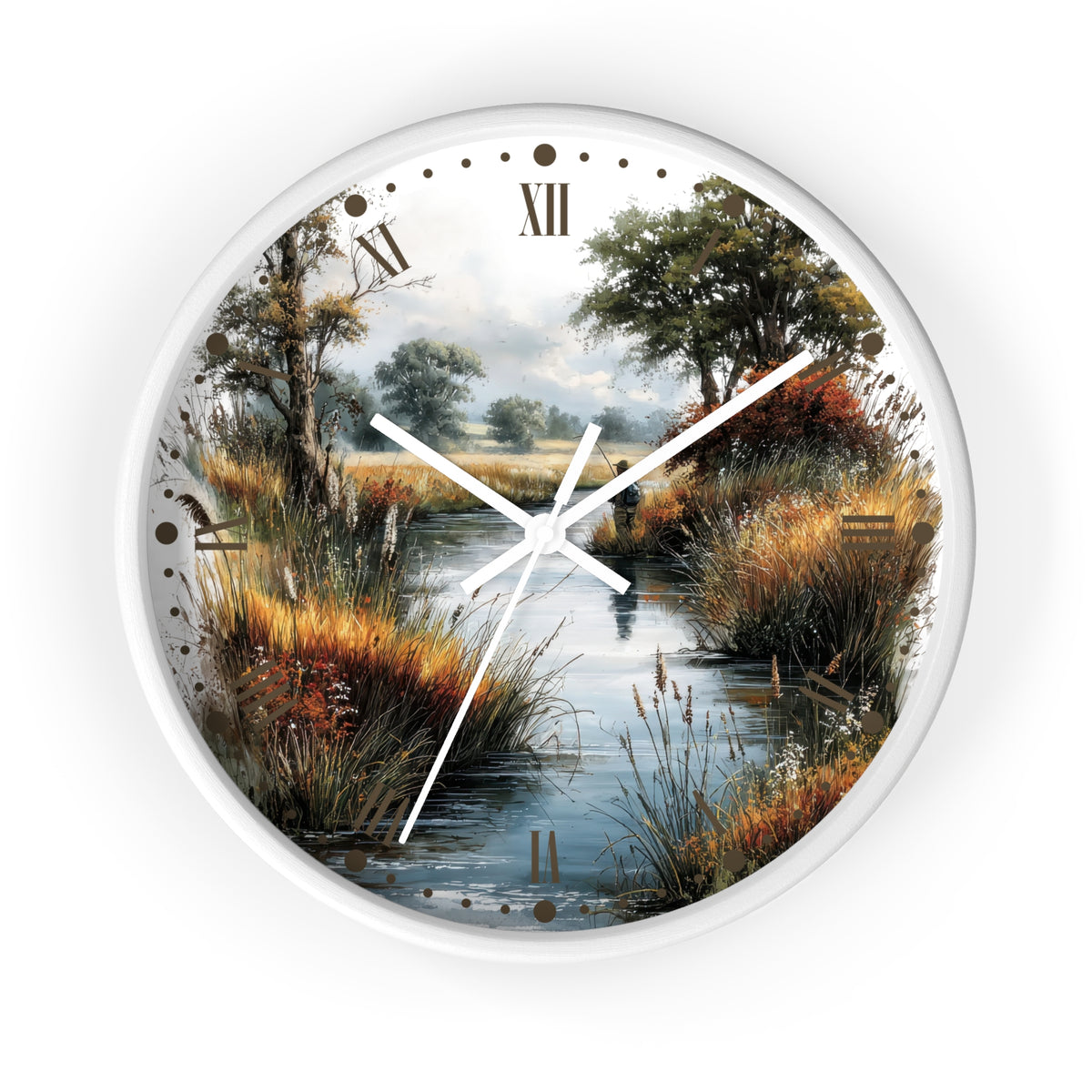 Round wall clock with a scenic landscape print of a marsh or creek, featuring trees, grasses, and a cloudy sky. The clock has a white frame and white hands, with Roman numerals at the top and hour markers placed along the scenic border.