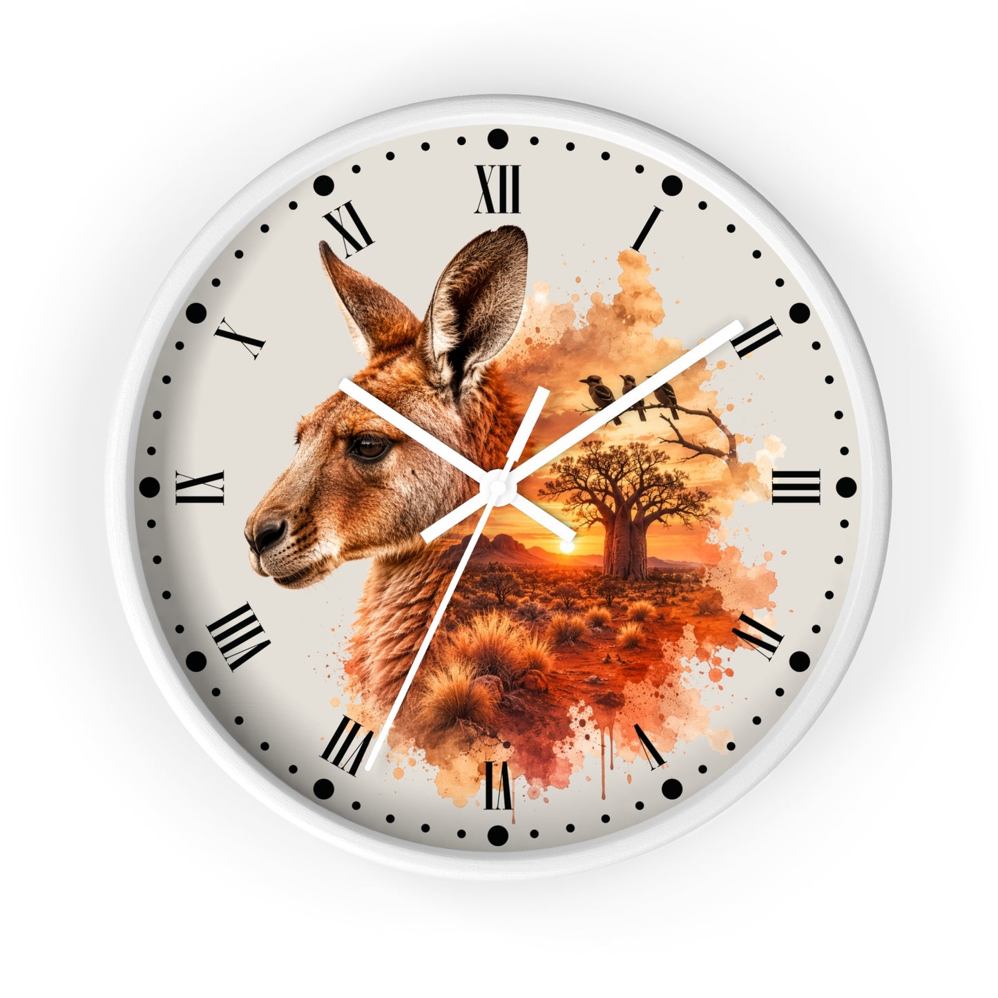 A round wall clock with a white frame and a printed dial featuring a kangaroo head, a tree silhouette, birds, and an orange sunset scene. The clock has black Roman numerals and black dot hour markers on a white background.