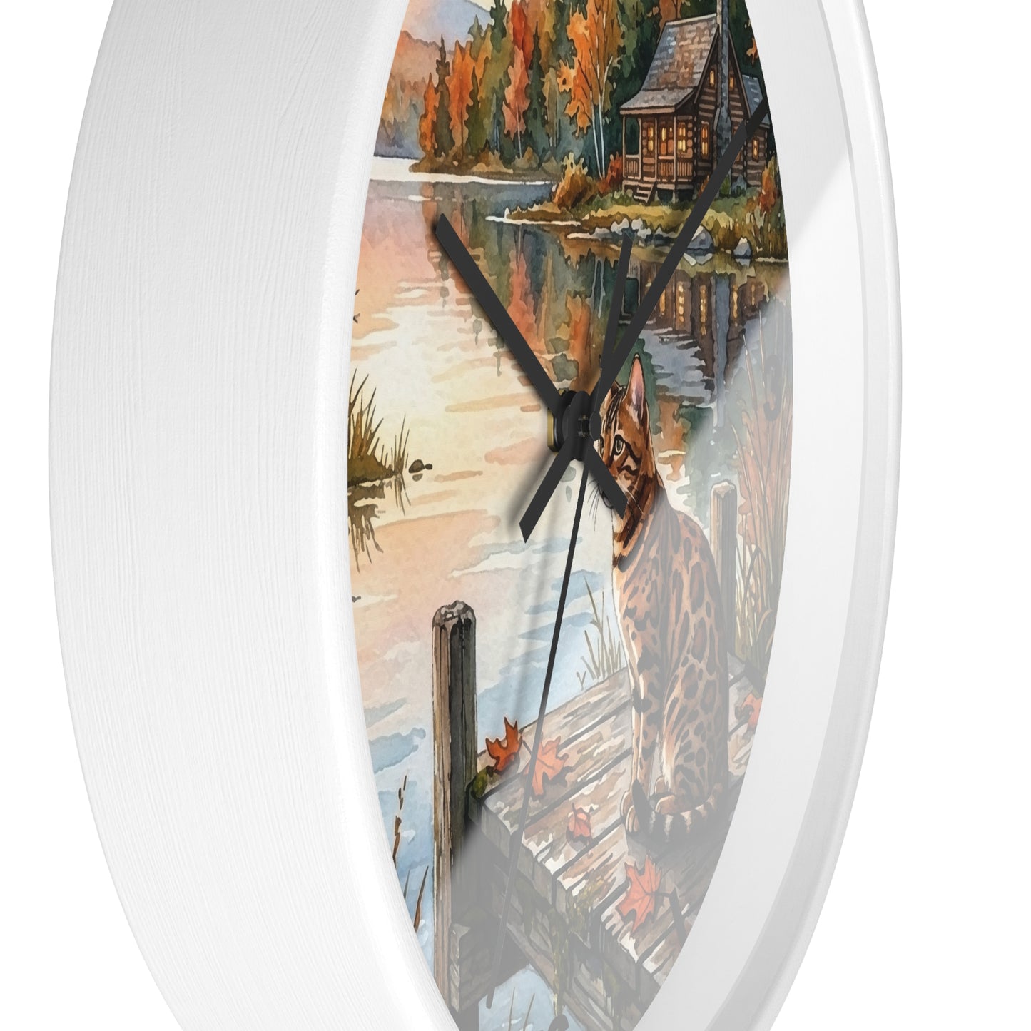 Autumn Lakeside Bengal Cat Wall Clock — Rustic Cabin Sunset Decor