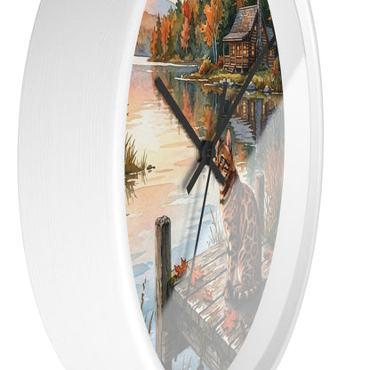 Autumn Lakeside Bengal Cat Wall Clock — Rustic Cabin Sunset Decor