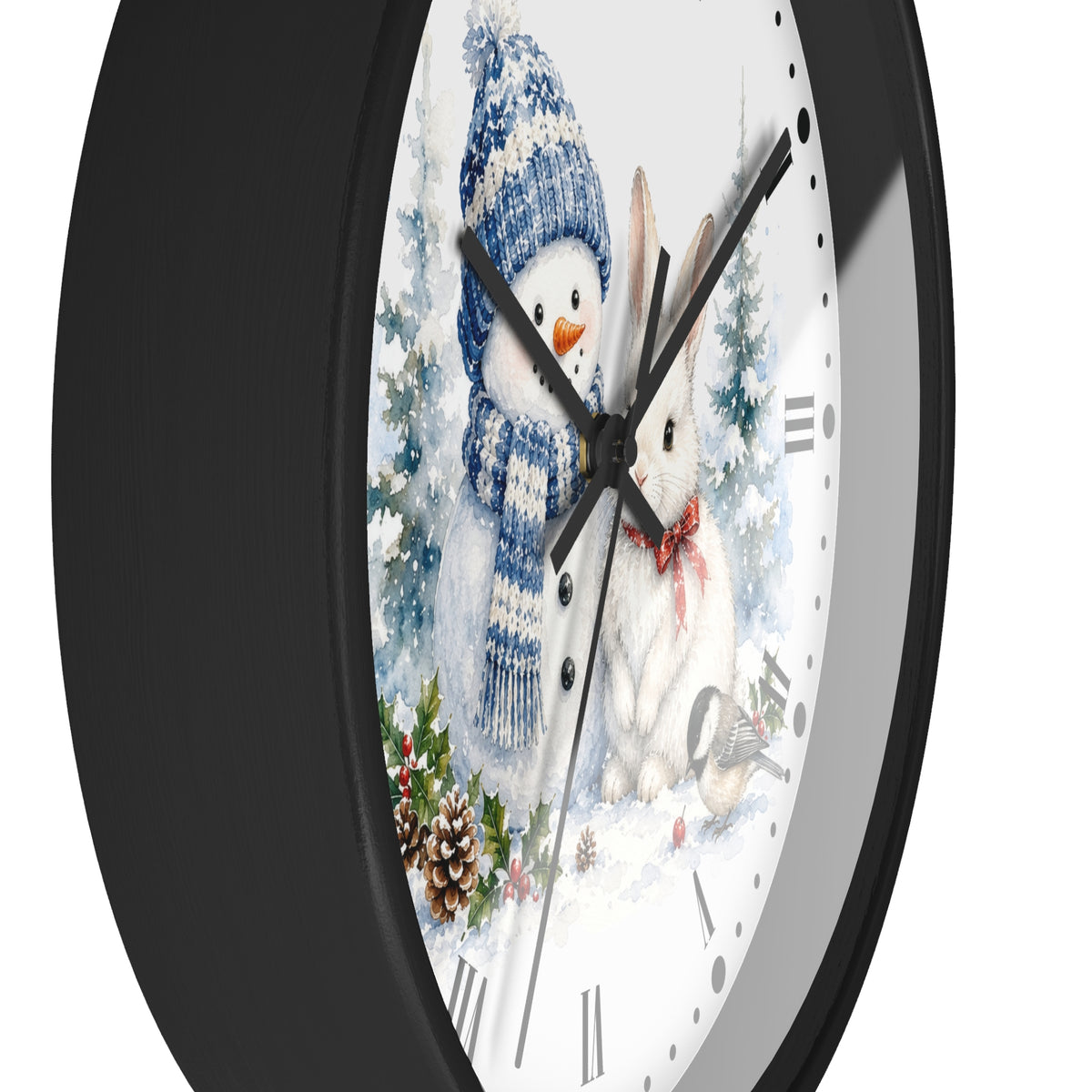 A round wall clock with a black frame and a white face featuring a winter illustration of a snowman in a blue knit hat and scarf next to a white rabbit in the snow.