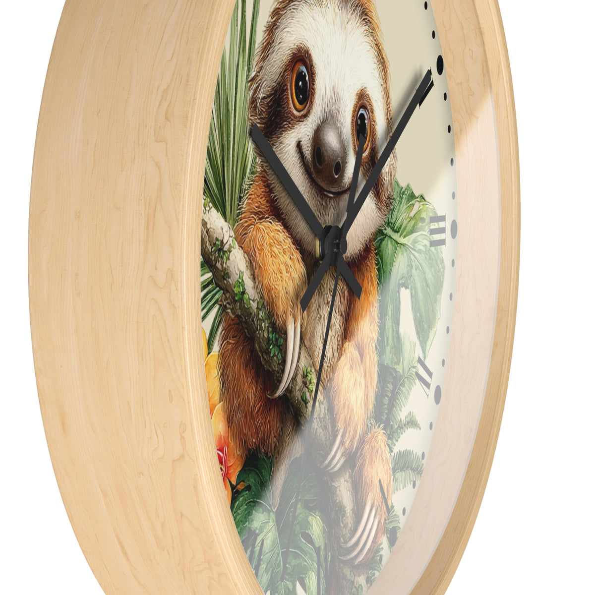 Round wall clock with a light natural wood frame and a printed front featuring a sloth among green leaves, with black hands and partial Roman numerals visible on a white background.