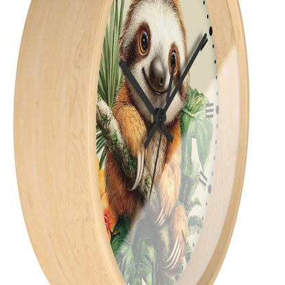 Round wall clock with a light natural wood frame and a printed front featuring a sloth among green leaves, with black hands and partial Roman numerals visible on a white background.