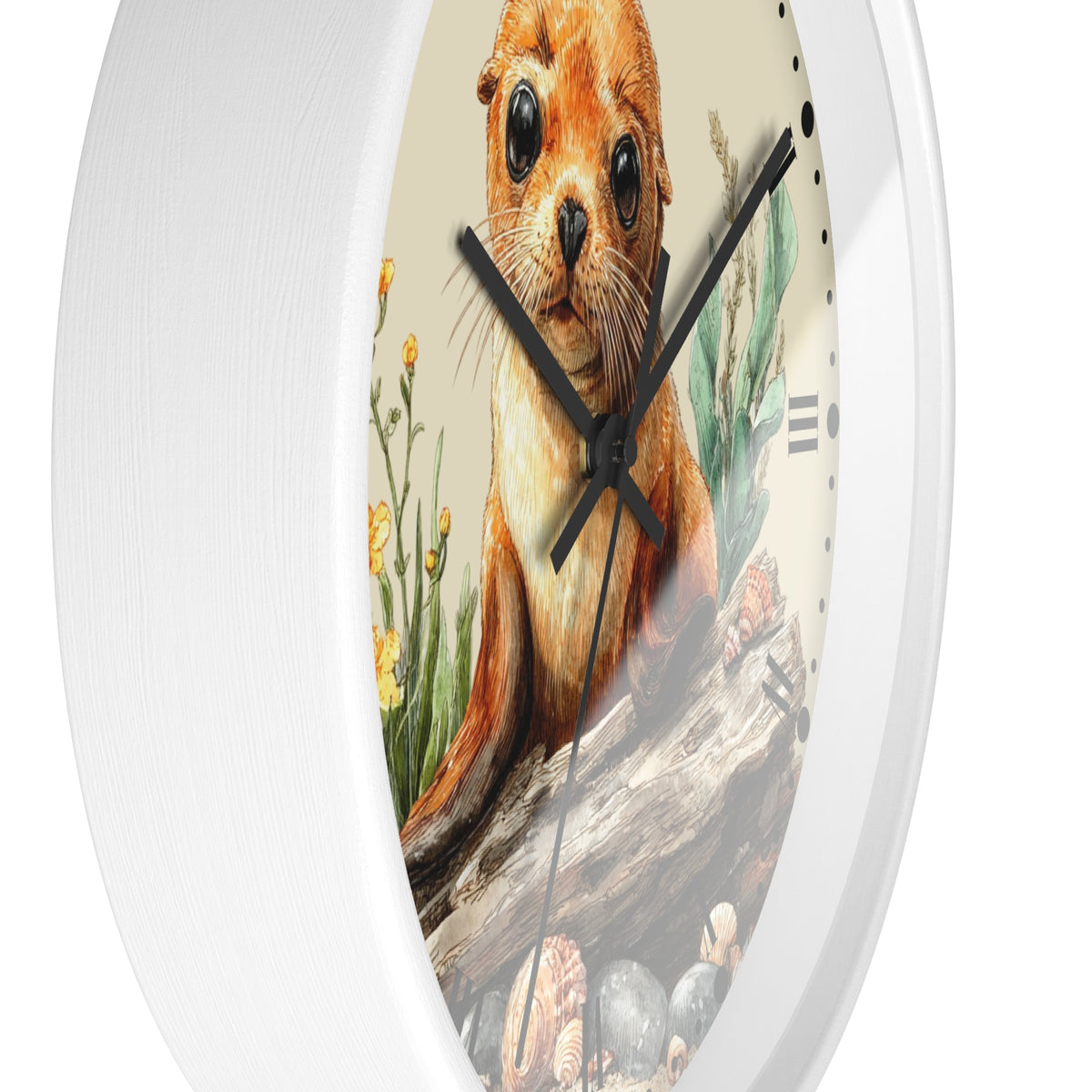 A white oval wall clock with a detailed illustration of a seal on the face, set against a clean white background.