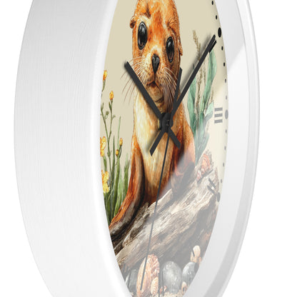 A white oval wall clock with a detailed illustration of a seal on the face, set against a clean white background.