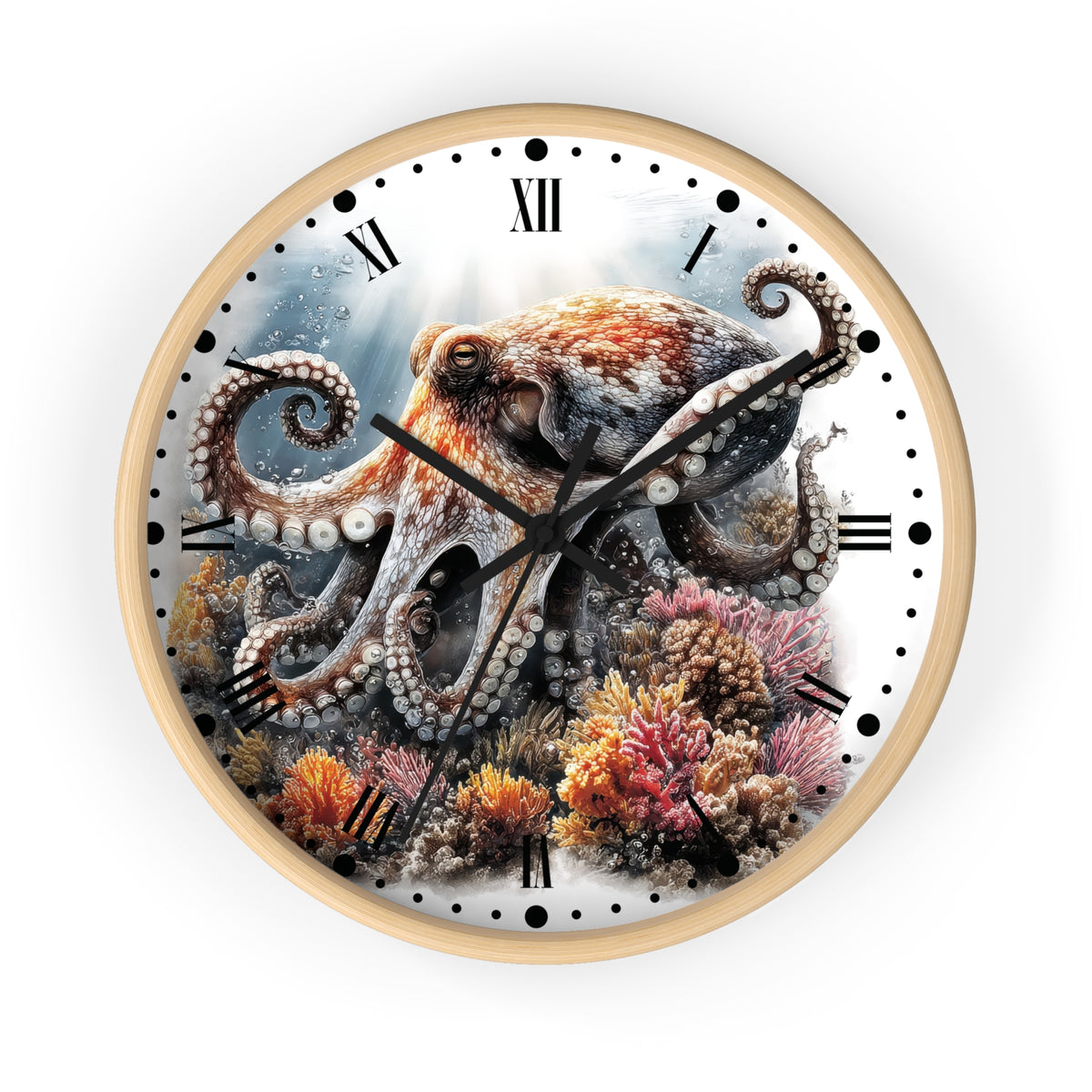 Round wall clock with a light wood frame and a printed octopus underwater scene on the face, with black Roman numerals and hands on a white background.