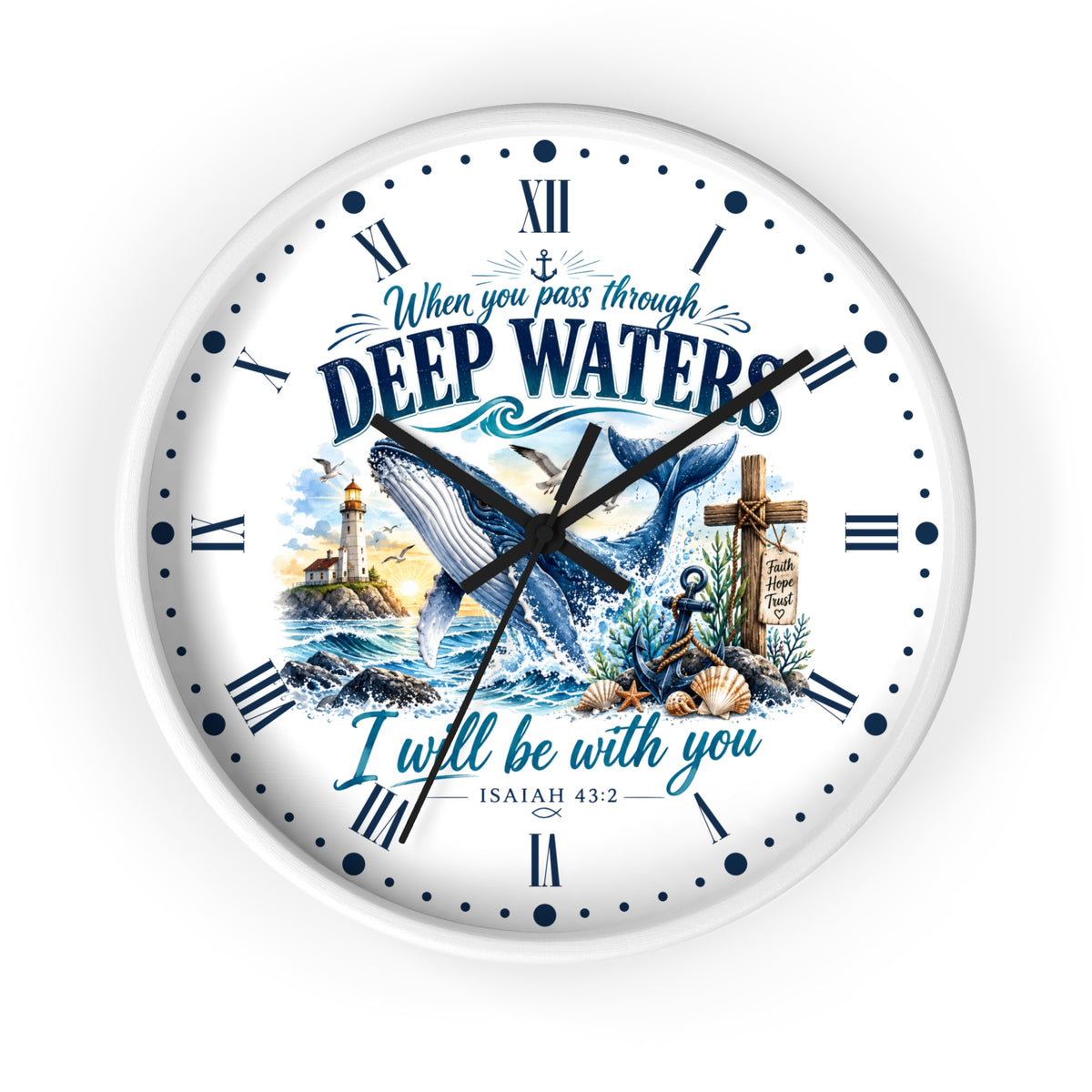 Christian Inspirational Wall Clock — 'When You Pass Through Deep Waters' (Isaiah 43:2)