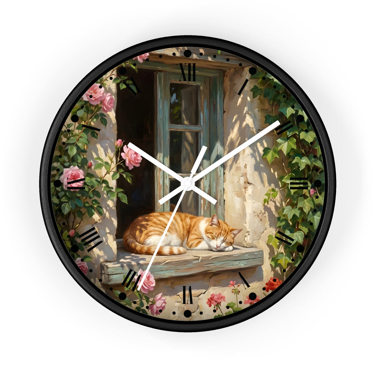 Orange & White Cat Napping Garden Wall Clock — Vintage Floral Window Scene