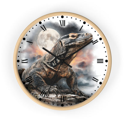 Round wall clock with a light wood frame and a printed Komodo dragon illustration on the face, featuring black Roman numerals, black hands, and a white background.