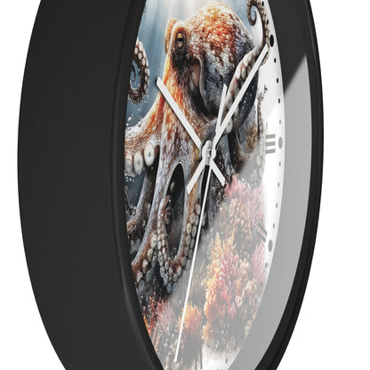 A close-up of a round wall clock with a black frame and a printed octopus over underwater coral artwork on the face, shown against a white background.