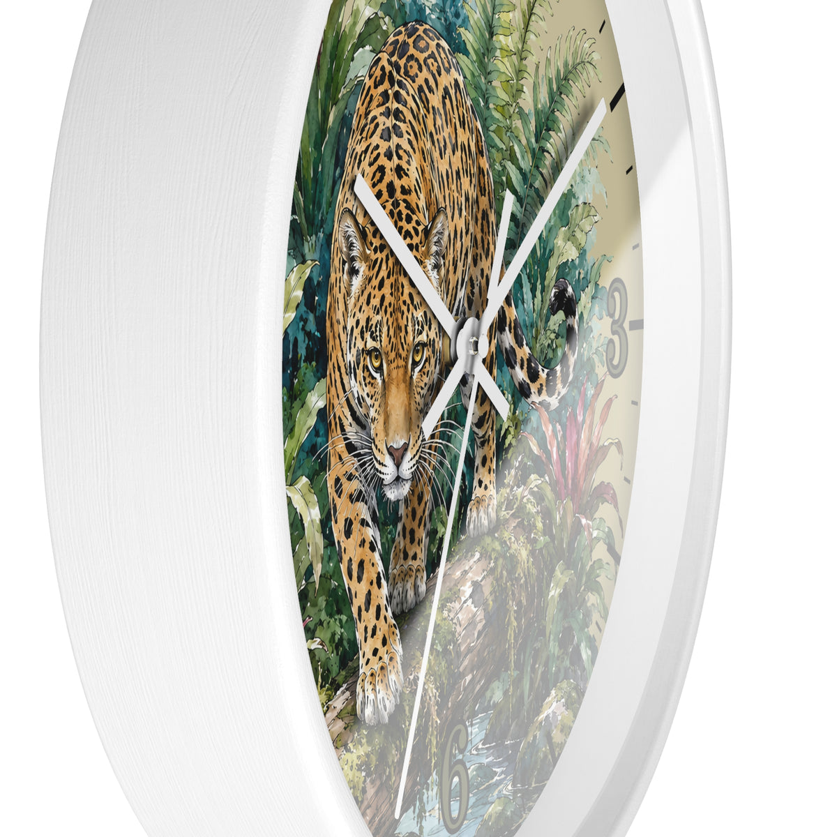 A round wall clock with a white frame and a printed nature scene featuring a leopard walking through green foliage. The clock has white hands and partial black Arabic numerals visible on the face.