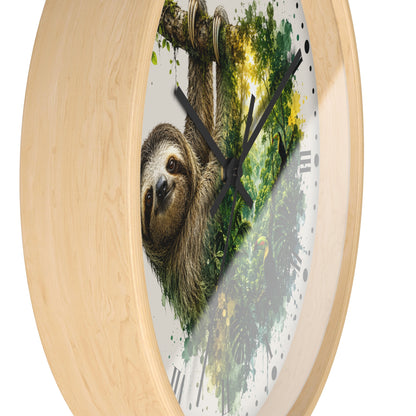 Round wall clock with a light natural wood frame and a printed design of a sloth hanging in a green forest on the clock face, with black hands and Roman numeral hour markers.
